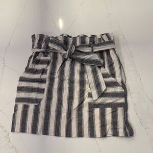 Paper bag waist mini skirt in blue and cream striped fabric